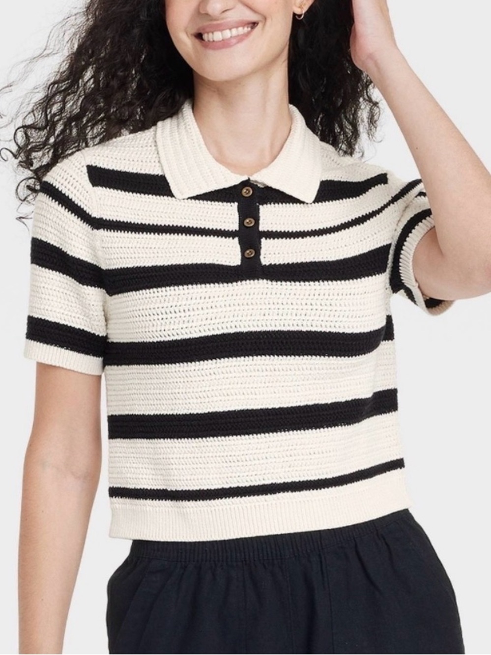Universal Thread Black & Cream Striped Knit Cropped Polo
